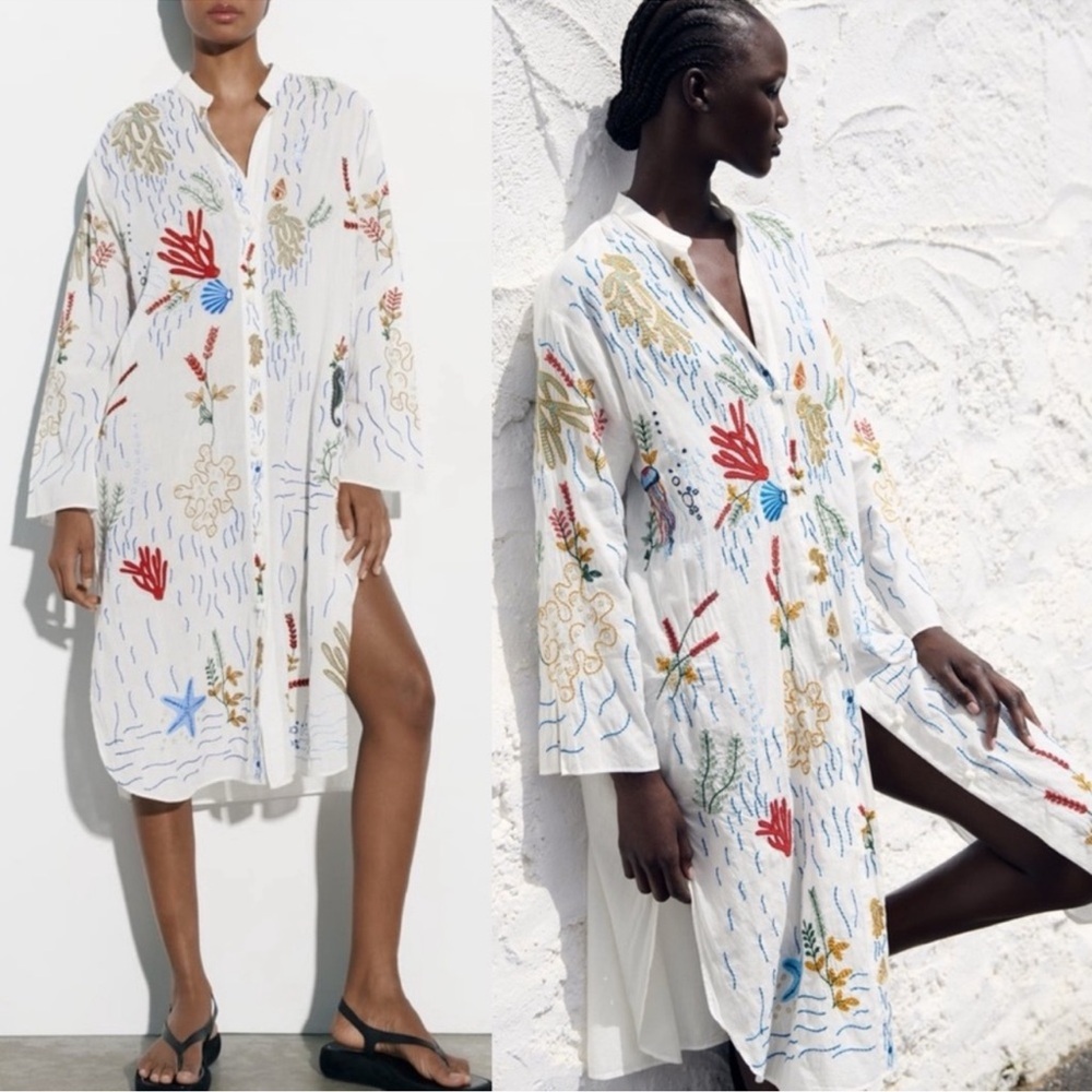 Zara Sea Motif Beach Embroidered Tunic Dress Cover-up Size XS - Picture 14 of 14
